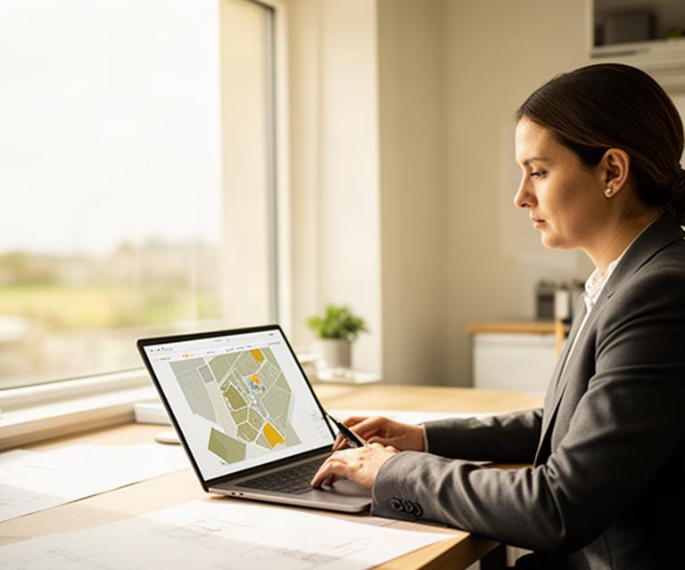 Specialist reviewing a virtual property plan beside a bright Lincolnshire office window