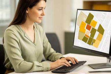 Ainsley reviewing digital land records at a desk with a property map on screen
