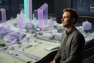 Rhys examining a three-dimensional metaverse development model in a modern studio