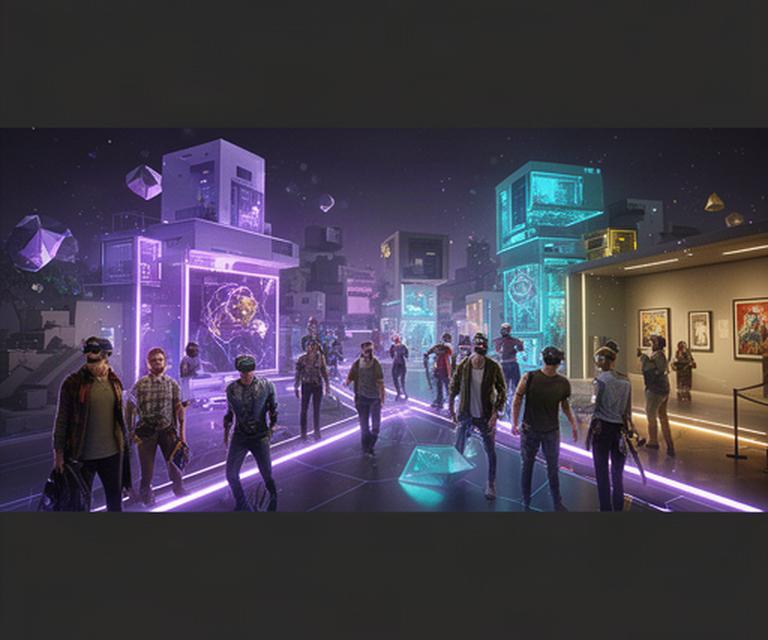 Creators gathered around a glowing virtual game environment with modular buildings and a digital gallery