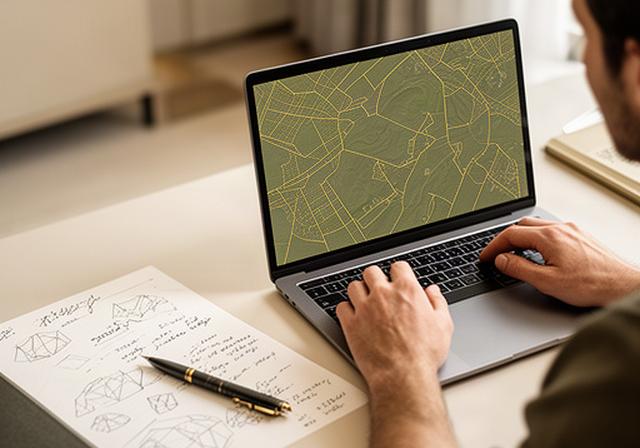 Buyer reviewing a virtual land parcel map on a laptop beside handwritten property notes