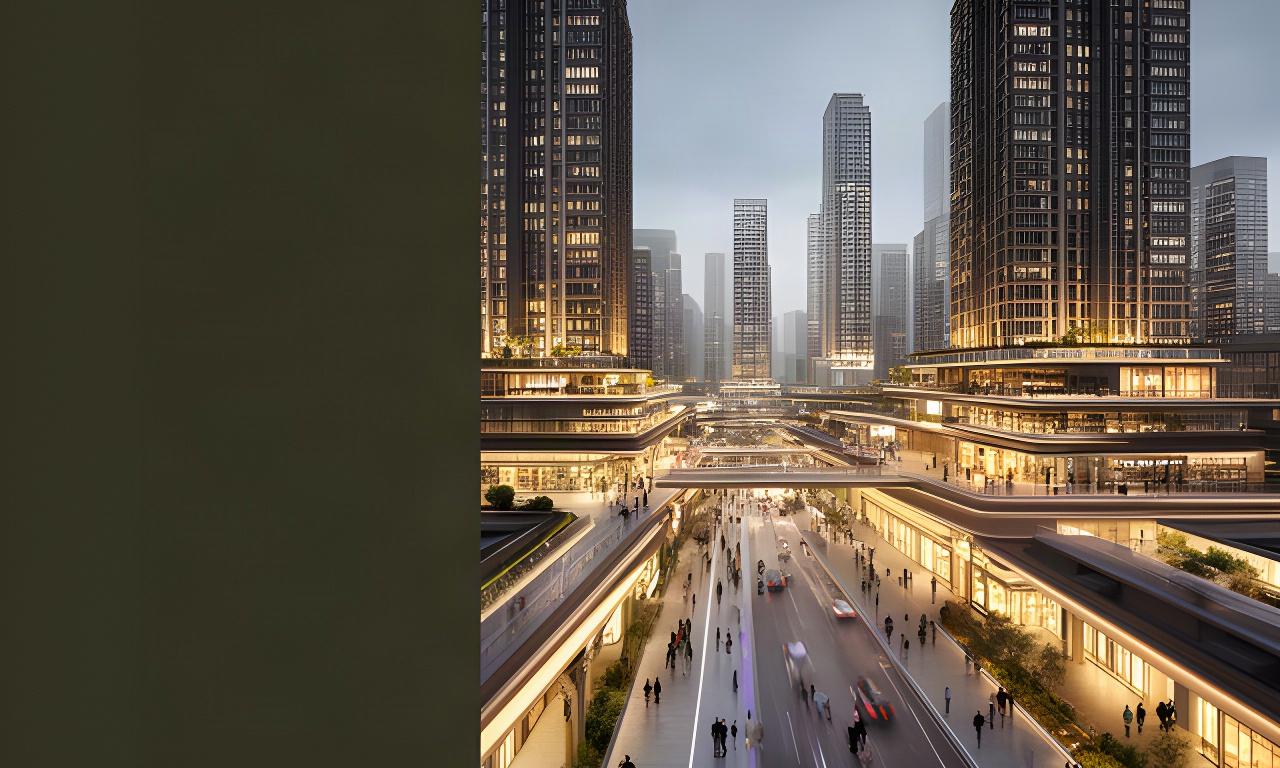 Architectural digital city district with illuminated towers and a high-traffic virtual boulevard at dusk