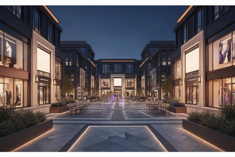 Virtual commercial plaza with illuminated shopfronts and a central public square
