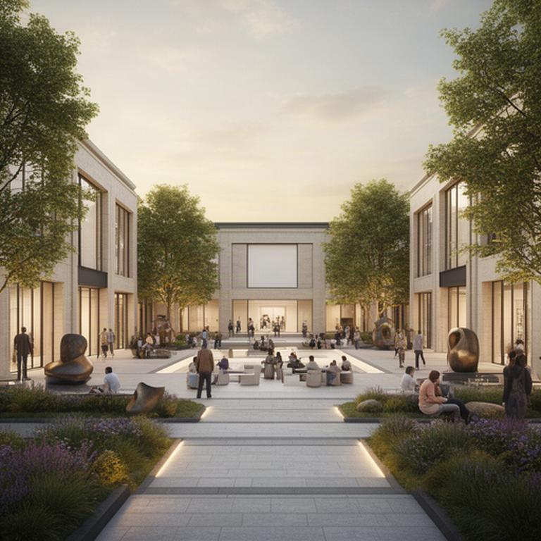 Virtual cultural plaza with gallery buildings, landscaped paths and a central gathering court