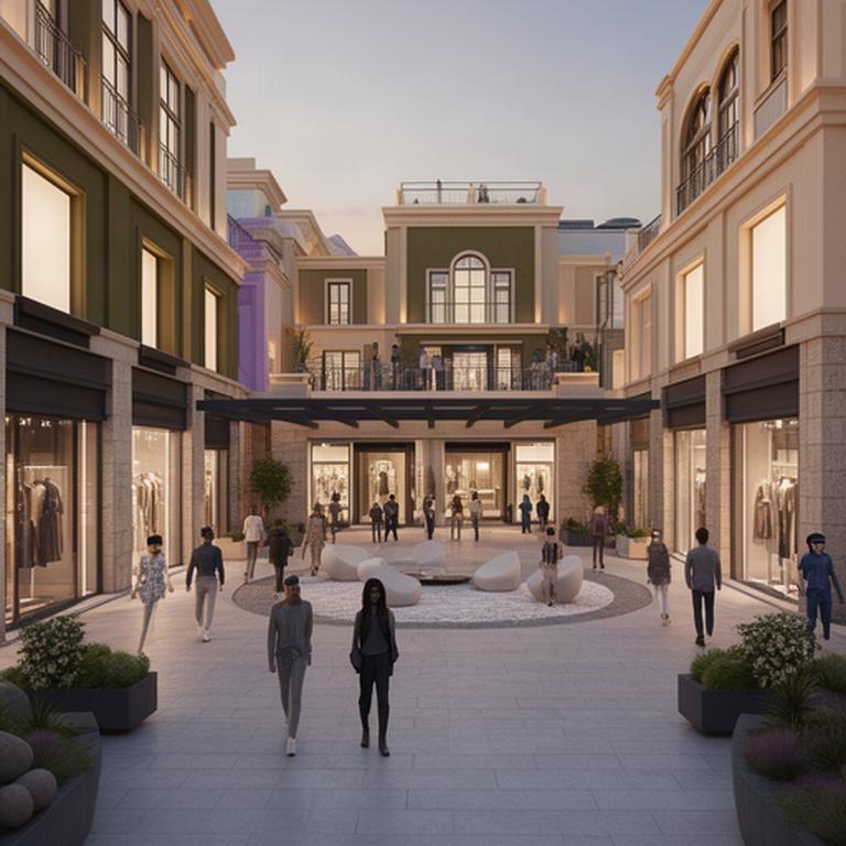 Virtual fashion district with digital storefronts, public plaza and pedestrian avatars