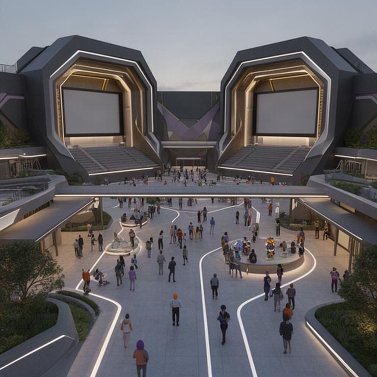 Virtual gaming hub with arena entrances, neon-free architectural lighting and player gathering space