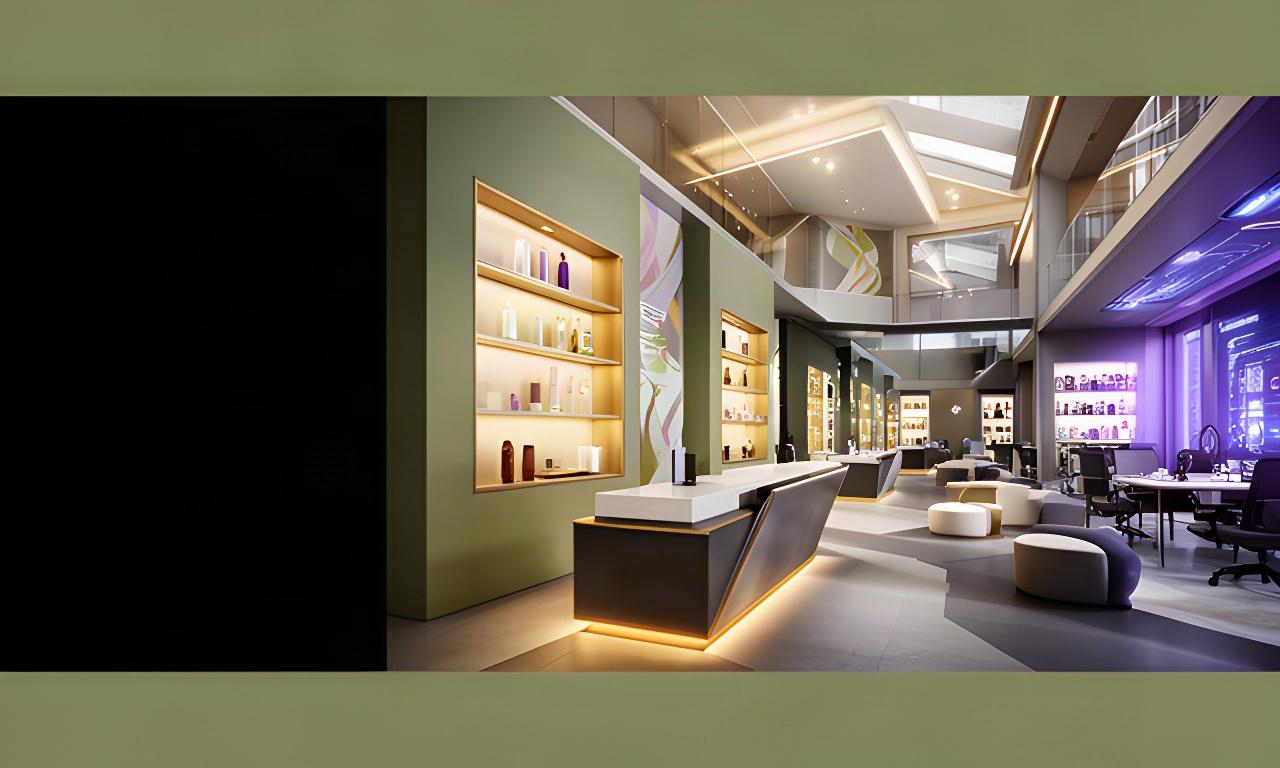 Contemporary branded virtual headquarters with a reception hall, product displays and meeting areas