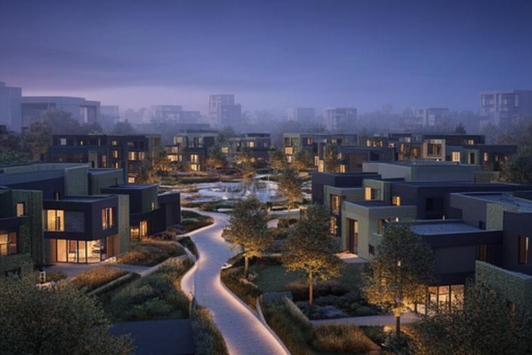 Virtual residential estate with landscaped paths and connected homes at dusk